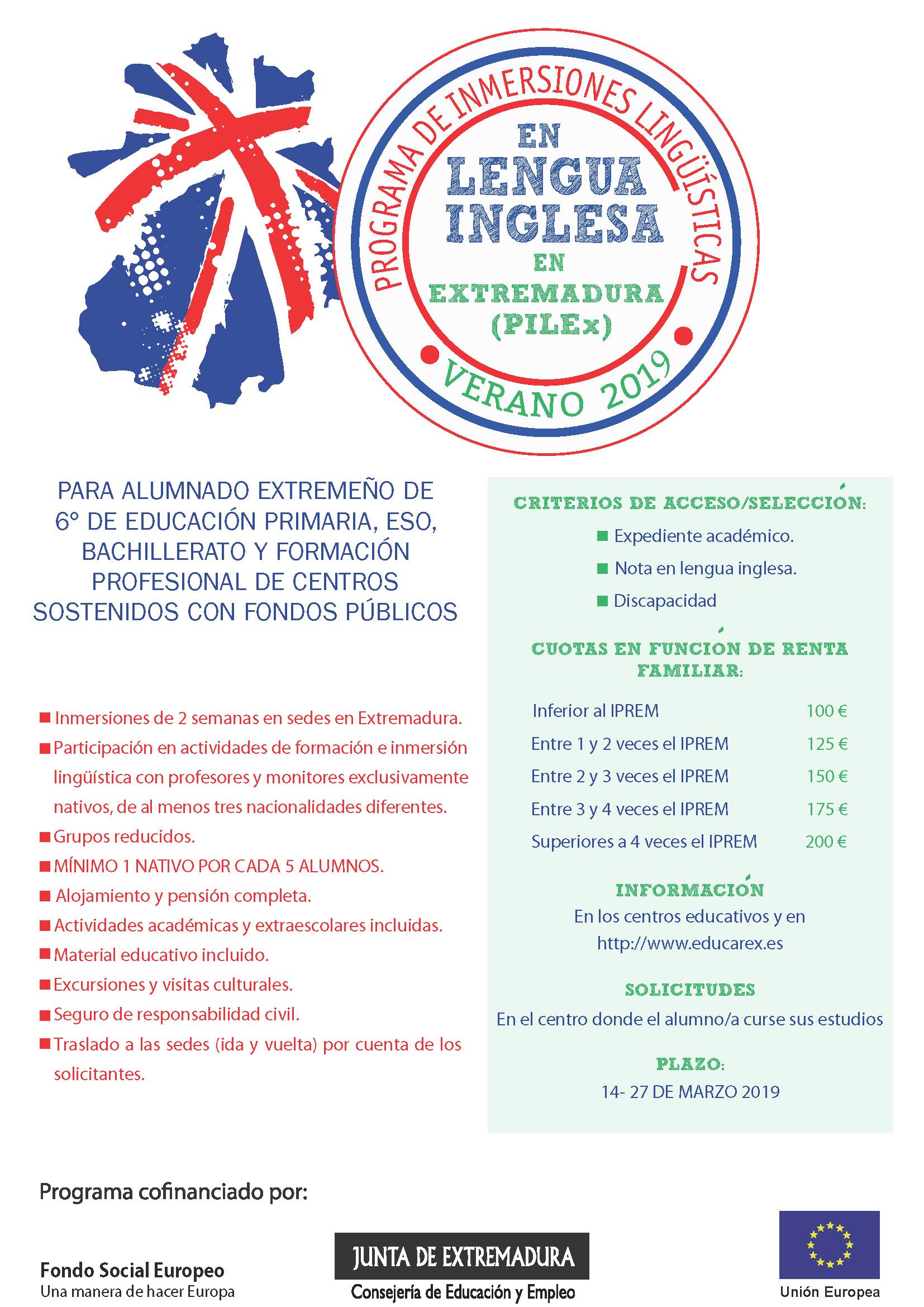 Cartel difusión inmersiones linguisticas alumnado extremeño PILEx 2019