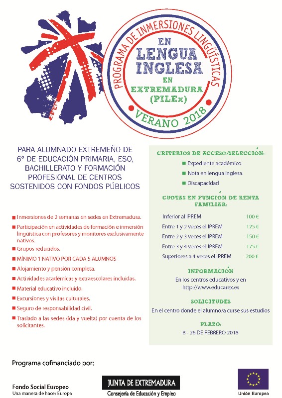 Cartel difusión inmersiones linguisticas alumnado extremeño PILEx 20181